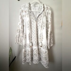 BELLA TU Mediterranean Knee Length White Blue Gold Summer Tunic Tassel Dress | L